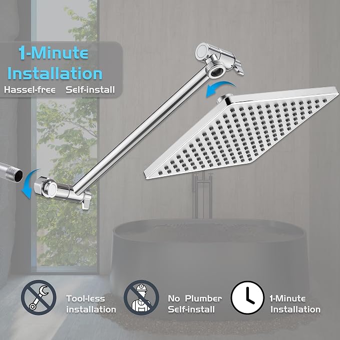Rain Shower Head, 8'' High Pressure Rainfall Square Showerhead with 15'' Shower Head Extension Arm, 304 Stainless Steel Adjustable Shower Arm Extender, Rainfall Waterfall Fixed Showerheads, Chrome