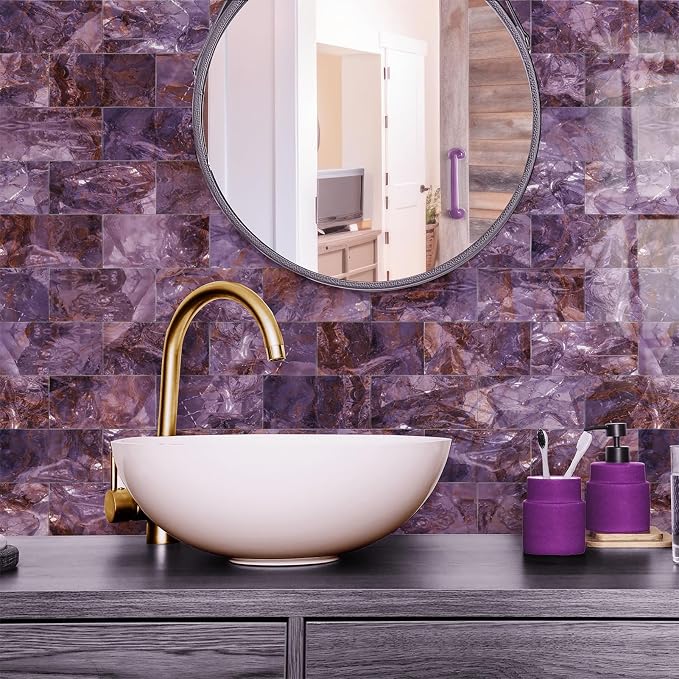 URCOLOR 32-Piece Peel and Stick Backsplash Wall Tile, 4"x 8" PVC Glossy Purple Marble Stick on Subway Tiles for Kitchen, Bathroom, Laundry Room, Camper, Fireplace