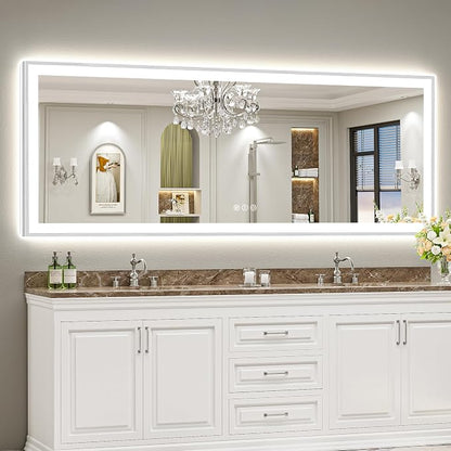 96x36 Inch Brushed Nickel LED Bathroom Mirror, Backlit & Front Lit | Silver Framed Anti-Fog Lighted Vanity Mirror with Lights, 3 Color Dimmable, Memory, HD Tempered Glass, CRI95, IP54, UL Listed