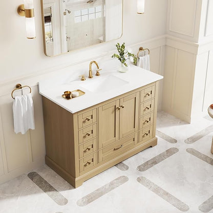 WELLFOR 48" Bathroom Vanity with Sink, Bathroom Freestanding Vanity W/ 2 Soft-Close Doors and 9 Soft-Close Drawers, Bathroom Cabinet Vanity with Cultured Marble Countertop (Oak)