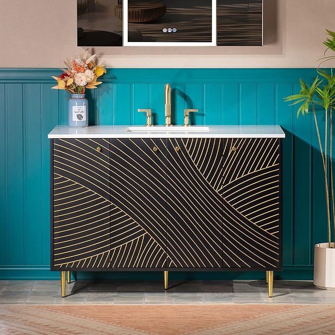 Woodbridge 48"x22" Bathroom Vanity with Single Ceramic Undermount Sink, White Engineered Stone Top, Hand-Painted Black & Gold Accents, Sleek Thin-Leg Frame, Space-Saving for Modern Living