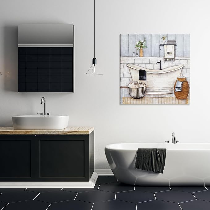 Bathroom Farmhouse Tub Floral, 30 x 30 Inch Canvas Wall Art | Stupell Industries · By Yellow Cafe · Ready to hang · Charming bath and laundry decor · Made in USA