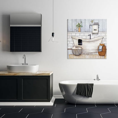 Bathroom Farmhouse Tub Floral, 30 x 30 Inch Canvas Wall Art | Stupell Industries · By Yellow Cafe · Ready to hang · Charming bath and laundry decor · Made in USA