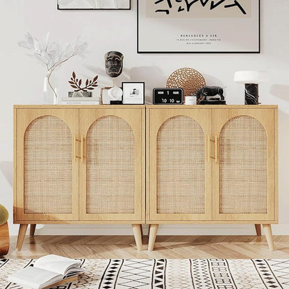 Rovaurx Set of 2 Rattan Storage Cabinet with Doors, Accent Bathroom Floor Cabinet, Modern Sideboard Buffet for Living Room, Entryway, Dining Room and Kitchen, Natural BMGZ108M02 | Set of 2, with Doors