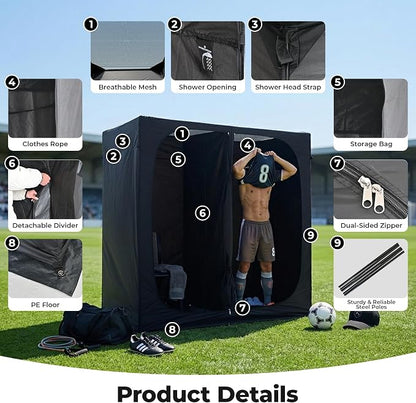 EighteenTek® Shower Tent, 2-Room Changing Room, Outdoor Shower Enclosure Spacious, Privacy Canopy Shelter with Floor & Doors, Stable & Durable, Toilet Tent Bathroom for Courtyard, Pool, Photoshoot