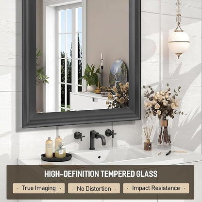 Wall Grey Mirror for Bathroom,Rectangle Rustic 24 x 36 inch Vanity Mirrors | Hanging Mirror with Wood Grain Finish Frame for Living Room,Bedroom,Entryway
