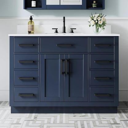 48-Inch Bathroom Vanity with Sink W/ 2 Doors & 8 Drawers & 1 Flip Drawer, Navy Blue Vanity W/Matte Black Handles