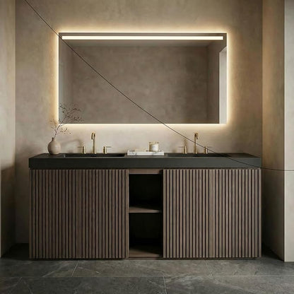 72" Bathroom Vanity with Sink Combo, Mid Century Modern Bathroom Cabinet with 4 Doors & Open Shelf, Matte Black Integrated Sink with Overflow, Dark Grey Oak