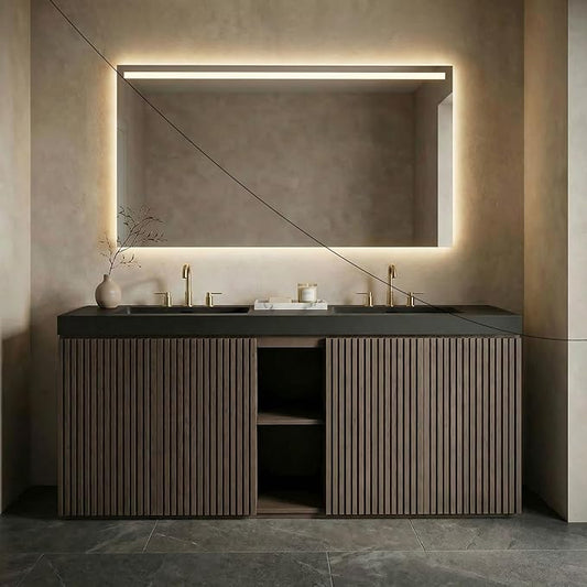72" Bathroom Vanity with Sink Combo, Mid Century Modern Bathroom Cabinet with 4 Doors & Open Shelf, Matte Black Integrated Sink with Overflow, Dark Grey Oak