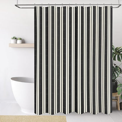 Tititex Cute Candy Cane Striped 140gsm Faux Linen Fabric Shower Curtain, Elegant Classic Black Beige Shower Curtain Sets Decoration 72x78 Inch with Hooks