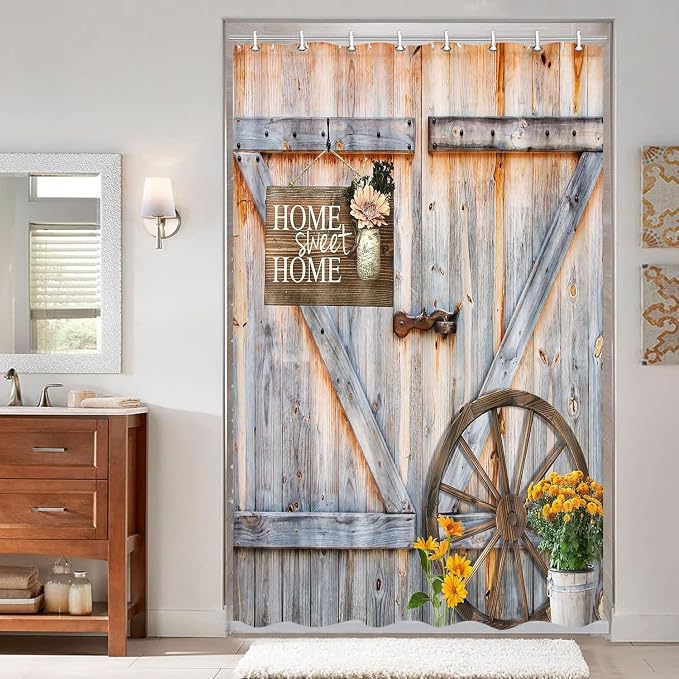 Rustic Barn Door Shower Curtain for Bathroom, Western Farmhouse Yellow Daisy Floral Bath Curtain Sets, Fabric Countryside Wooden Cabin Decor Curtains with Hooks, 54X70IN