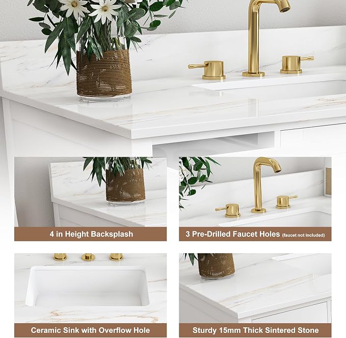 42 Inch Bathroom Vanity with Sink&Countertop,Calacatta Gold Sintered Stone Counter Top with Sink&Backsplash,White Bathroom Cabinet Set with 2 Doors and 9 Drawer(Three Holes)