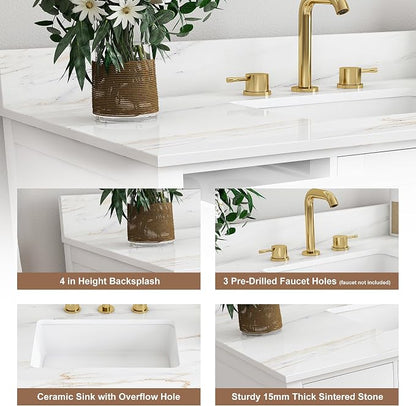 42 Inch Bathroom Vanity with Sink&Countertop,Calacatta Gold Sintered Stone Counter Top with Sink&Backsplash,White Bathroom Cabinet Set with 2 Doors and 9 Drawer(Three Holes)
