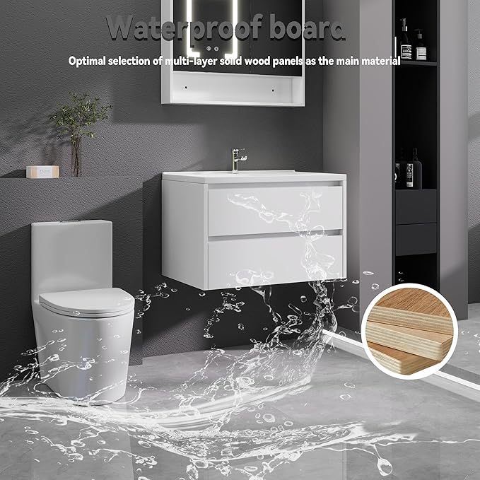 White Floating Bathroom Vanity with Sink, 31x18 Inch Wall Mounted Bathroom Cabinet with 2 Drawers, Modern Single Sink Vanity for Small Bathroom, Space-Saving Storage Cabinet