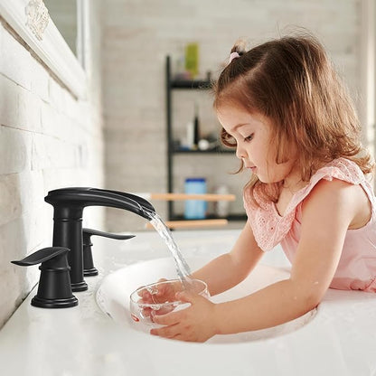 BWE Waterfall Bathroom Faucet, Matte Black 8 Inch Widespread Bathroom Sink Faucet Two-Handle with Pop-up Drain, for Vanity, Lavatory Sink