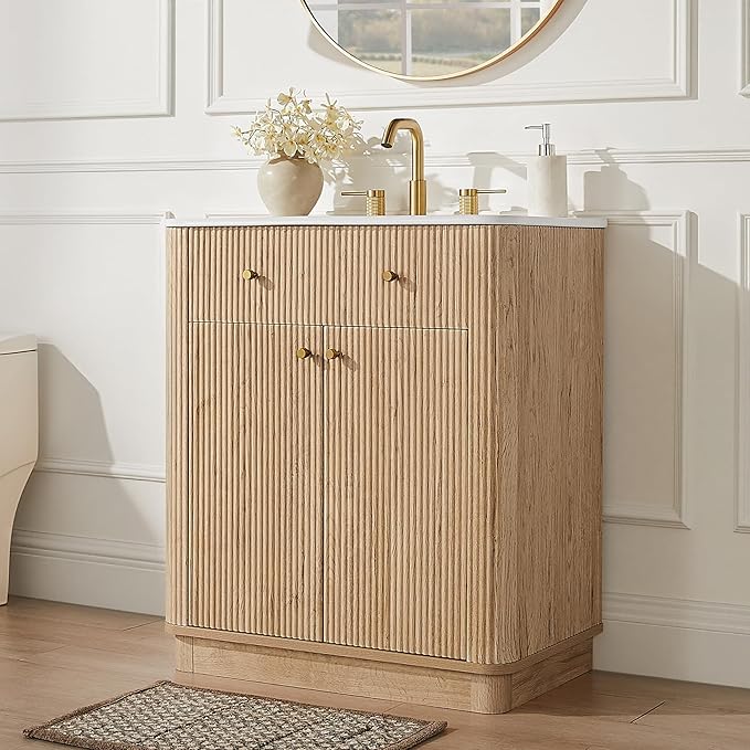 T4TREAM 30 Inch Bathroom Vanity with Sink, Modern Fluted Single Bathroom Vanity with Sink with Storage Cabinet, Adjustable Shelf, Natural Oak