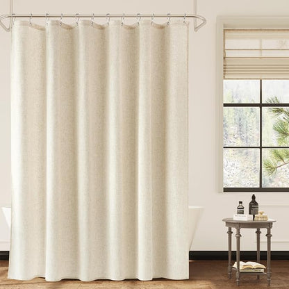 Extra Long 90 Inch Shower Curtain, Beige Linen Hotel Luxury Country Boho Farmhouse Shower Curtains for Bathroom Weighted Fabric Hotel Luxury Bath Curtains Set with Hooks, 72x90，Cream