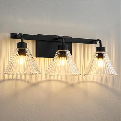 AIJIASI Modern Bathroom Light Fixtures Over Mirror 3-Light Black Vanity Lights for Bathroom with Ribbed Glass Shade 24 Inch Up/Down Mount Vanity Lighting Fixtures for Bath Bedroom Makeup