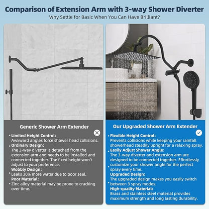 Hibbent All Metal CUPC Certified Shower Head, 8'' High Pressure Rainfall Shower Head, Handheld Showerhead Combo, 12'' Adjustable Extension Arm, 10 Sprays, 71'' Hose, Shower Holder, Matte Black