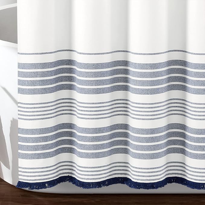 Lush Decor Nantucket Yarn Dyed Cotton Blend Tassel Fringe Shower Curtain Single 72" W x 72" L White & Navy - White Shower Curtains for Bathroom Curtain