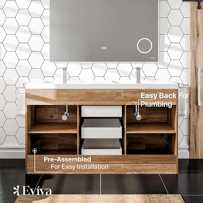 Eviva Lugano 60 in. Natural Oak Double Sink Bath Vanity with Acrylic Top and Integrated Sinks