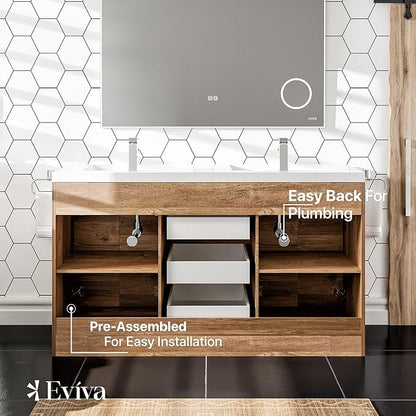 Eviva Lugano 60 in. Natural Oak Double Sink Bath Vanity with Acrylic Top and Integrated Sinks