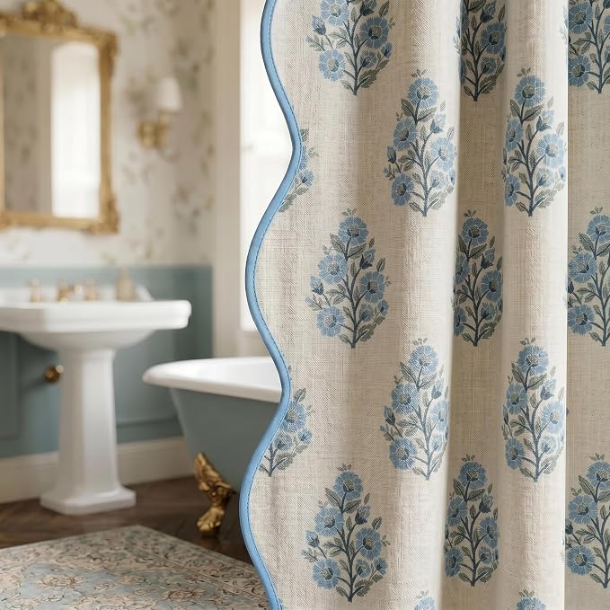 Boomkin Block Print Scalloped Shower Curtain Set with 12 Hooks | Grandmillennial Shower Curtain Linen Textured Cottage Core Floral Bathroom Curtain for Vintage Farmhouse Bathroom 72 x 72 Inc
