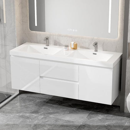 60 Inch Floating Bathroom Vanity with Double Sink, Large Storage Wall Mounted Floating Vanity with 2 Soft Close Drawers & 2 Doors, One-Piece Basin Bathroom Sink Cabinet, Glossy White, Double sink