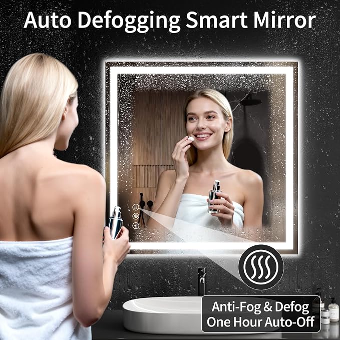 LED Bathroom Mirrors 32"x32" Bathroom Mirror with Lights for Wall, Backlit + Front Lit, 3 Colors, Anti-Fog, Dimmable Brightness for Vanity,Bathroom, Entryway, Living Room