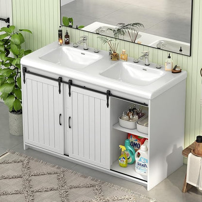 Bathroom Vanity with Double Sinks, 48" Standing Double Vanity with Drawers & Metal Handles, 2 Sink Bathroom Vanity with 4 Shelves, White