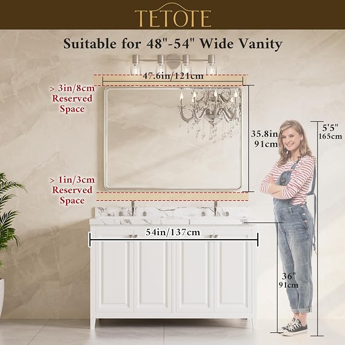 Brushed Nickel Wall Mirror 48 x 36 Beveled Edge Tempered Glass, Rounded Corner Rectangle Framed Mirror for Modern Bathroom, Living Room, Bedroom, Entryway