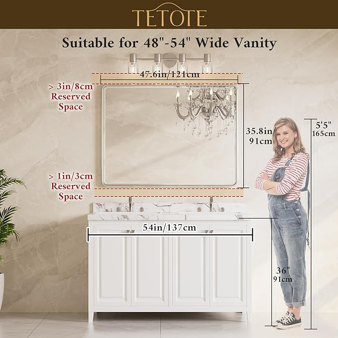 Black Wall Mirror 48 x 36 Beveled Edge Tempered Glass, Rounded Corner Rectangle Framed Mirror for Modern Bathroom, Living Room, Bedroom, Entryway