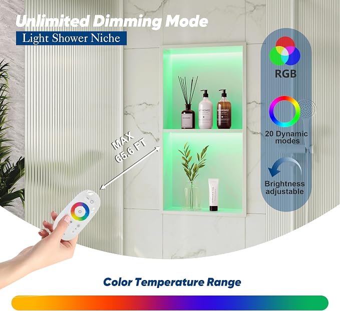 2-Tiers 12x24 Wall Niche with RGB LED Light Strips, White Shower Niche Cabinet, Stainless Steel Bathroom Shelf, NO Tile Needed Recessed Cubby Storage Organizer