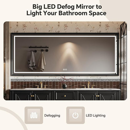 Double Sink Bathroom Vanity, Luxurious Bathroom Vanity with LED Smart Defog Mirror, Solid Freestanding Wood Vanity Sink Cabinet