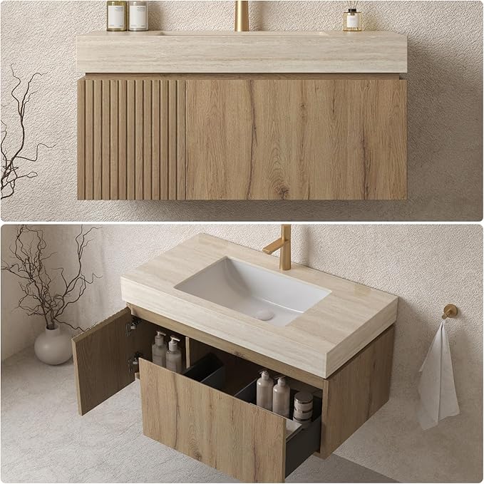 36" Bathroom Vanity with Sink, Wall-Mounted Plywood Bathroom Storage Cabinet with Ceramic Basin & Sintered Stone Countertop, Modern Pre-Assembled Floating Vanity with Drawer & Door, Oak