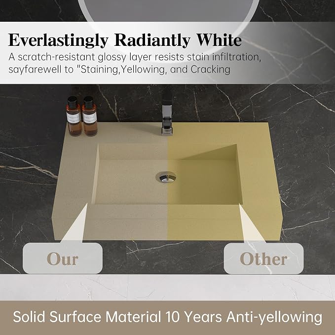 30" x 19" Bathroom Sink with Solid Surface, Wall Mount Bathroom Sink with Single Faucet Hole, Rectangle Stone Resin Vessel Sinks for Indoor Outdoors,Floating Wall Hang Sink Bowl, Beige