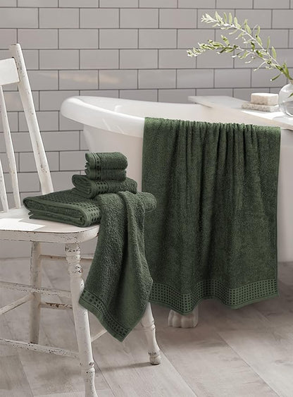 GLAMBURG 100% Cotton Ultra Soft 6 Pack Towel Set, Contains 2 Bath Towels 28x55 Inches, 2 Hand Towels 16x24 Inches & 2 Wash Coths 12x12 Inches, Compact Absorbent Lightweight & Quickdry - Olive Green