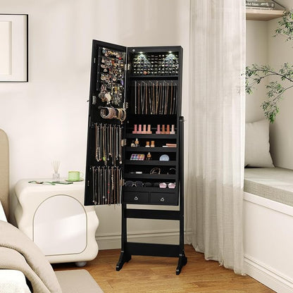 Giantex Standing Jewelry Armoire, Lockable Jewelry Cabinet with Full Length Mirror, LED Lights, 4 Tilt Angle Adjustable, Mirror with Jewelry Storage, Standing Jewelry Organizer with Drawers, Black