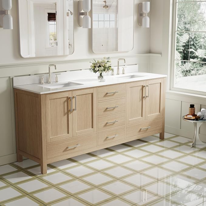 80-Inch Bathroom Vanity with Sink, 4 Soft-Close Doors and 6 Soft-Close Drawers, Bathroom Freestanding Vanity with Cultured Marble Countertop, Oak Vanity with Brushed Nickel Handles