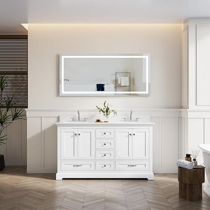 WELLFOR 60" Bathroom Vanity with Double Sinks, Bathroom Freestanding Vanity W/4 Soft-Close Doors and 6 Drawers, Large Storage Space Vanity, Engineered Stone Countertop Bathroom Vanity with Sink, White
