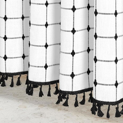 MitoVilla White Black Boho Shower Curtains for Modern Farmhouse Bathroom Decor, Ivory Country Thick Polyester Linen Fabric Cloth with Tassel, 72 x 72