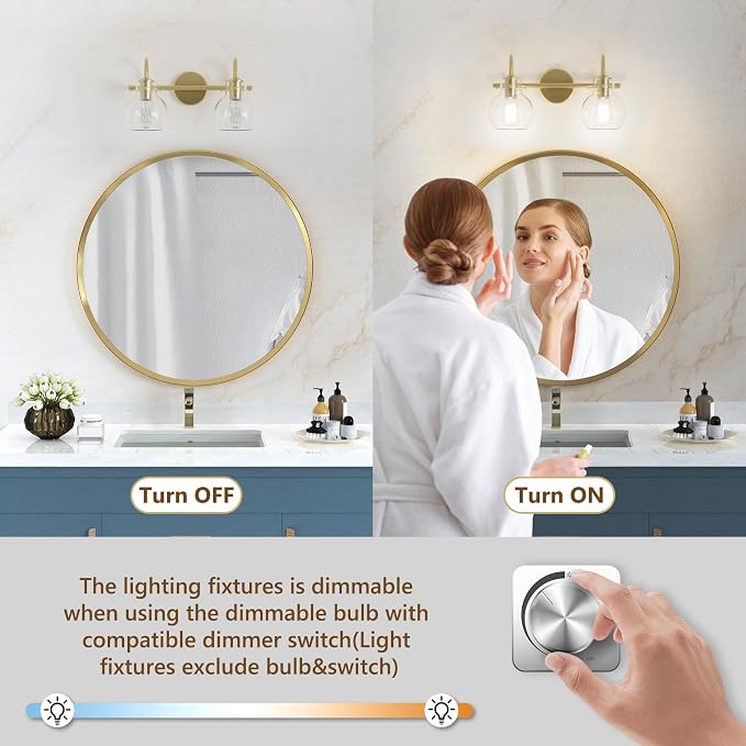 2 Lights Bathroom Vanity Light Fixtures Over Mirror Modern Gold | Wall Sconce,Elegant Globe Glass Shades,E26 Base,UL Certified,Anti-Rust,Damp Rated,Painted,Bedroom Living Room Entryway