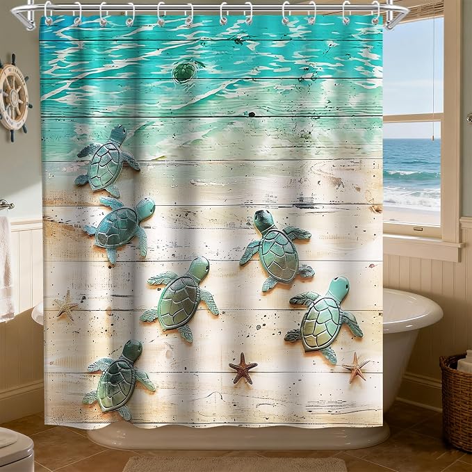 Green Beach Sea Turtle Shower Curtain Nautical Teal Theme Fabric Bathroom Blue Ocean Decor with Grommets and Hooks 72 x 84 Inch Blue