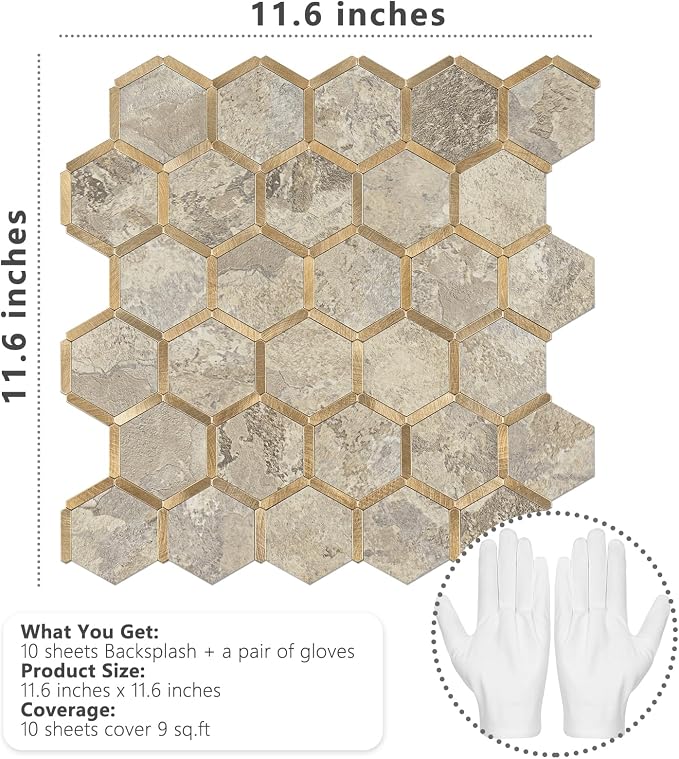 STICKGOO Hexagon Peel and Stick Backsplash Tile, Stick on Backsplash for Kitchen and Bathroom, Stone Beige PVC Mixed Metal Gold Self Adhesive Wall Tiles(10 Sheets, Seamless)