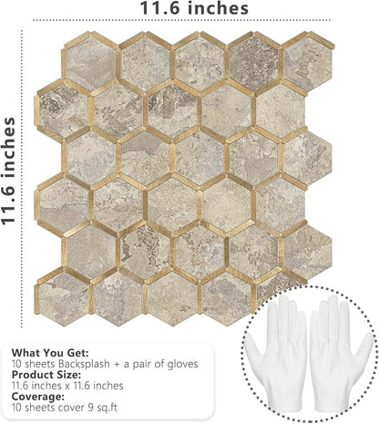 STICKGOO Hexagon Peel and Stick Backsplash Tile, Stick on Backsplash for Kitchen and Bathroom, Stone Beige PVC Mixed Metal Gold Self Adhesive Wall Tiles(10 Sheets, Seamless)