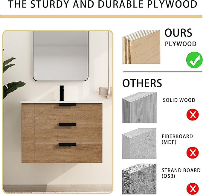 Malwee 30" Floating Bathroom Vanity with Resin Sink, 30 Inch Single Sink Wall Mounted Bathroom Vanity, with 3 Drawers, Bath Wall-Hung Cabinet Set with 3 Side Storage (014-30L)