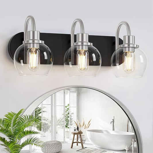 Modern 3-Light Vanity Light, Bathroom Lighting Fixture Over Mirror With Clear Glass Shade and Metal Base, Matte Black and Brushed Nickel