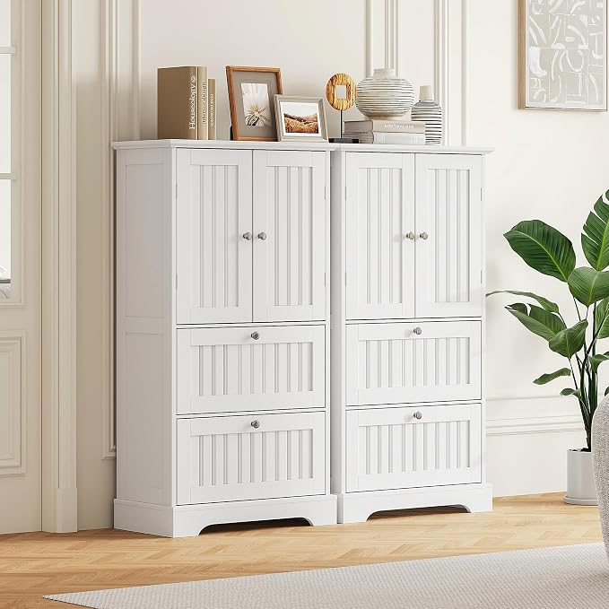 Treocho Bathroom Floor Cabinet with 2 Drawers and Adjustable Shelf | Bathroom Storage Cabinet, Freestanding Cupboard Pantry for Kitchen, Living Room, Dining Room, White