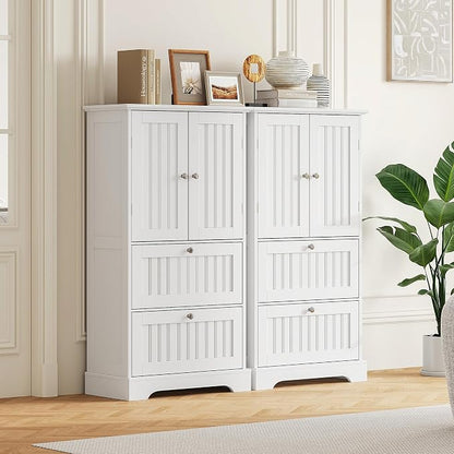 Treocho Bathroom Floor Cabinet with 2 Drawers and Adjustable Shelf | Bathroom Storage Cabinet, Freestanding Cupboard Pantry for Kitchen, Living Room, Dining Room, White