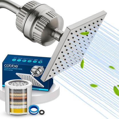 Cobbe High Pressure Filtered Shower Head with Filters for Hard Water Combo | Rain Showerhead with 20 Stage Water Softener for Healthier Skin & Hair Remove Chlorine and Harmful Substances, Brushed Nickel